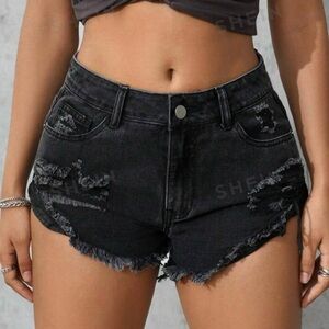 SHEIN Black Denim Distressed High Waist Cut-Off Shorts Size Medium
